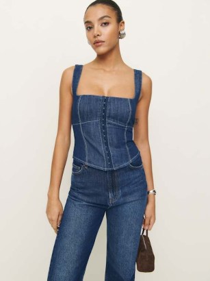 Reformation Tagliatelle Denim Top in Ellis | blue sleeveless fitted tops | women’s organic cotton fashion |