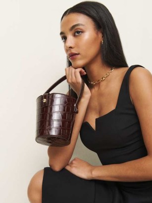 Reformation Irina Bucket Bag in Espresso Croc Emboss | small leather crocodile effect top handle bags | luxe animall embossed handbag