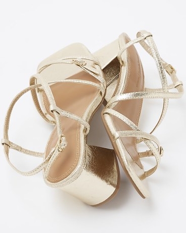 River Island Gold Strappy Block Heeled Sandals – metallic chunky heel sandal