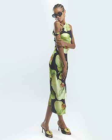 River Island Green Twist Front Floral Maxi Dress / asymmetric evening dresses / going out fashion