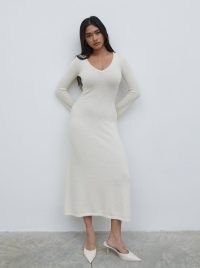 PRETTY LAVISH Ivy Boucle Knit Midaxi Dress in Cream | off white long sleeve V-neck knitted dresses | textured knits | women’s luxury knitwear clothing