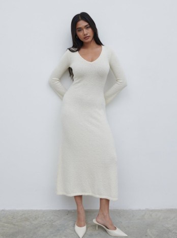 PRETTY LAVISH Ivy Boucle Knit Midaxi Dress in Cream | off white long sleeve V-neck knitted dresses | textured knits | women’s luxury knitwear clothing