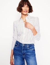 Boden Lace Insert Shirt in White ~ womens feminine cotton shirts