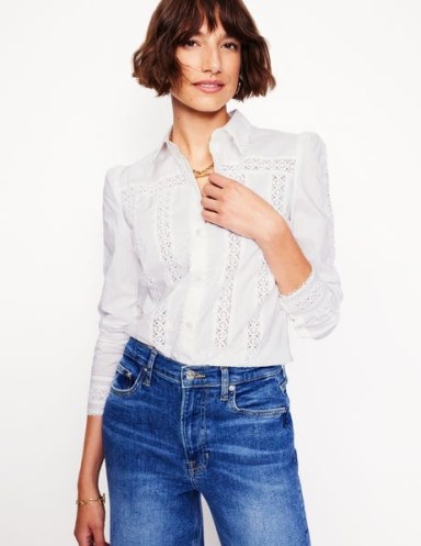 Boden Lace Insert Shirt in White ~ womens feminine cotton shirts