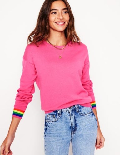 BODEN Lara Relaxed Cotton Jumper in Sorbet Pink, Rainbow ~ women’s crew neck jumpers