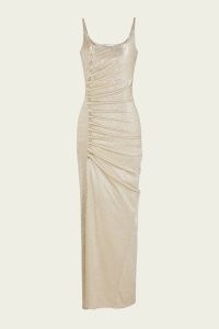 Rabanne Long Lurex Dress in Gold / shimmering metallic maxi dresses / sleeveless ruched evening gown