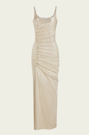 Rabanne Long Lurex Dress in Gold / shimmering metallic maxi dresses / sleeveless ruched evening gown