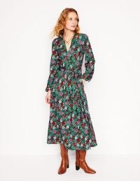 BODEN Maeve Trim Jersey Midi Dress in Rich Emerald, Blossom Scatter ~ green floral blouson sleeved day dresses