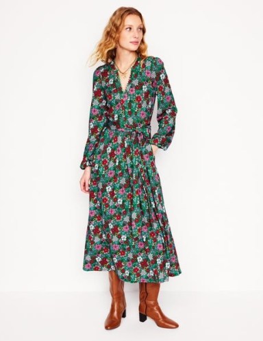 BODEN Maeve Trim Jersey Midi Dress in Rich Emerald, Blossom Scatter ~ green floral blouson sleeved day dresses