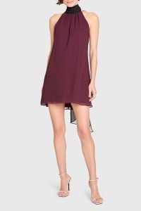 AMANDA UPRICHARD Bellair Dress in Wine / Black ~ red high neck halter mini dresses ~ chiffon self tie detail ~ evening cocktail dresses