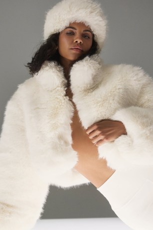 alo yoga Opulent Faux Fur Cropped Jacket in Ivory – luxe off white fluffy jackets