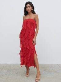 PRETTY LAVISH Perla Bandeau Ruffle Midaxi Dress in Red | womens fully lined strapless ruffled chiffon party dresses | women’s luxury evening occasion fashion | feminine event clothing