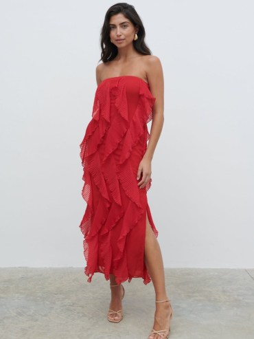 PRETTY LAVISH Perla Bandeau Ruffle Midaxi Dress in Red | womens fully lined strapless ruffled chiffon party dresses | women’s luxury evening occasion fashion | feminine event clothing