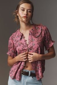 Pilcro Puff-Sleeve Blouse in Pink Combo / womens floral cotton vintage style blouses