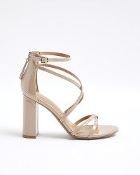 Pink Faux Leather Strappy Heeled Sandals – patent block heel sandal – back zip detail shoes