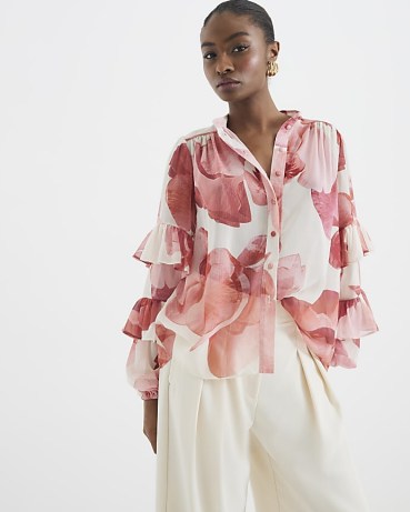 River Island Pink Floral Ruffled Sleeve Blouse – ruffled blouses – frill sleeved top