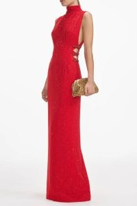 Self-Portrait Red Rhinestone Crepe Maxi Dress / glittering sleeveless high neck gown / sparkling evening event dresses / side cut out gowns