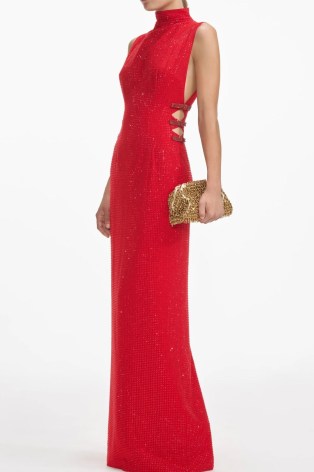 Self-Portrait Red Rhinestone Crepe Maxi Dress / glittering sleeveless high neck gown / sparkling evening event dresses / side cut out gowns