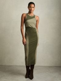 REISS Ava Colourblock Jersey Bodycon Dress in Khaki ~ chic dark green fitted tank dresses