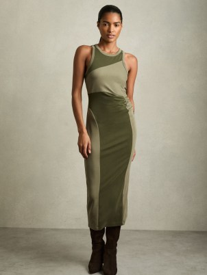 REISS Ava Colourblock Jersey Bodycon Dress in Khaki ~ chic dark green fitted tank dresses