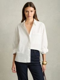 Reiss Sofia Cotton Topstitched Button-Through Shirt in White | women’s wardrobe essential | womens shirts