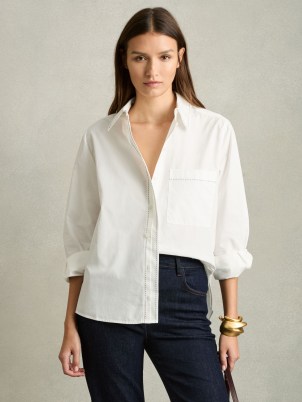 Reiss Sofia Cotton Topstitched Button-Through Shirt in White | women’s wardrobe essential | womens shirts