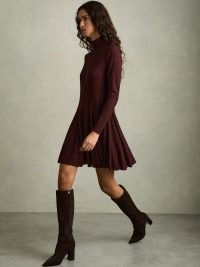 REISS Savannah Jersey Ribbed Flared Mini Dress in Burgundy ~ dark red long sleeve high neck skater dresses ~ chic winter fit and flare