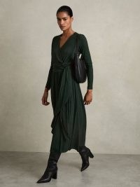 REISS Madeline Jersey Wrap-Tie Midi Dress in Green ~ chic winter dresses