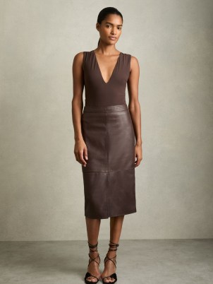 Reiss Miley Leather Pencil Skirt in Burgundy | women’s deep reddish brown skirts | luxe clothing