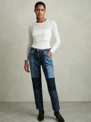 Reiss Birch Petite Straight Leg Patchwork Jeans in Mid Blue | women’s tonal denim fashion | 99% cotton 1% elastane | slightly cropped hem