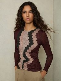 REISS Gianna Printed Ruched Top With Wool in Burgundy ~ dark red tonal fitted tops