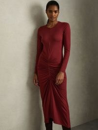 REISS Ginny Ruched Jersey Midi Dress in Burgundy ~ fitted dark red long sleeve gathered detail dresses