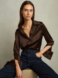 REISS Hailey Silk Shirt in Chocolate ~ womens dark brown silky double cuff shirts