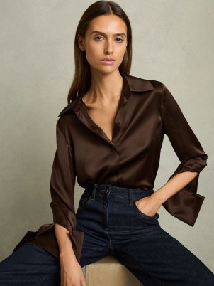 REISS Hailey Silk Shirt in Chocolate ~ womens dark brown silky double cuff shirts