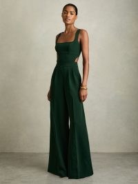 REISS Dion Wide-Leg Cut-Out Jumpsuit in Green ~ sleeveless square neck cutout jumpsuits