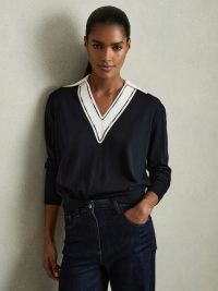 Reiss Nina Wool Collared Cricket Jumper in Navy/White | women’s navy blue contrast neckline jumpers