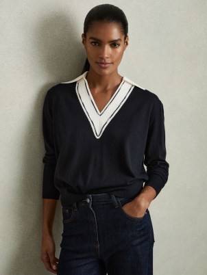 Reiss Nina Wool Collared Cricket Jumper in Navy/White | women’s navy blue contrast neckline jumpers