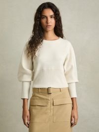 Reiss Ella Wool-Blend Balloon-Sleeve Cropped Jumper in Cream | women’s relaxed volume sleeved jumpers