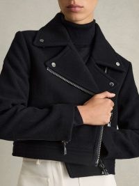 REISS Arlow Wool-Blend Biker Jacket in Navy ~ women’s dark blue cropped zip and stud detail jackets