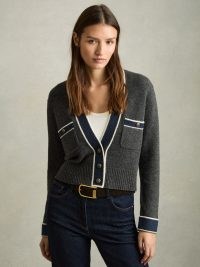 Reiss Eloise Wool-Cashmere Tipped V-Neck Cardigan in Charcoal | women’s chic cropped preppy style cardigans