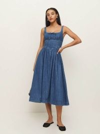 Reformation Balia Denim Midi Dress in Rhine | blue sleeveless fitted bodice dresses