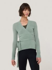 JIGSAW Ribbed Wrap Cardigan in Green ~ fitted tie waist cardigans