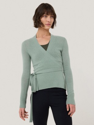 JIGSAW Ribbed Wrap Cardigan in Green ~ fitted tie waist cardigans