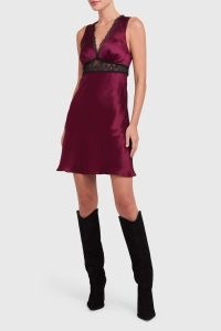 AMANDA UPRICHARD Seren Dress in Wine ~ recycled sleeveless red silk lace detail mini dresses ~ women’s silky going out evening fashion