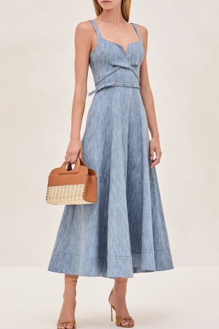 ALEXIS Sirene Dress in Stone Blue | sleeveless plunging sweetheart neckline fit and flare dresses | womens resort 2025 fashion