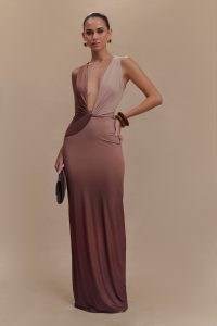 MESHKI Stella Draped Slinky Maxi Dress in Mocha Ombre | sleeveless tonal brown plunge front evening event dresses