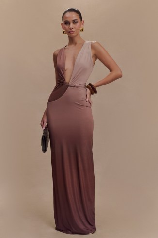 MESHKI Stella Draped Slinky Maxi Dress in Mocha Ombre | sleeveless tonal brown plunge front evening event dresses