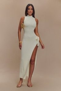 MESHKI Stephanie Cut Out Knit Maxi Dress in Ivory | sleeveless high neck dresses with thigh high slit hem | long length cutout bodycon