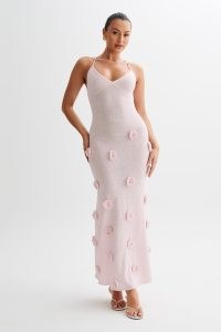 MESHKI Suki Knit Maxi Dress With Flowers in Baby Pink | strappy back floral applique occasion dresses | knitted fashion