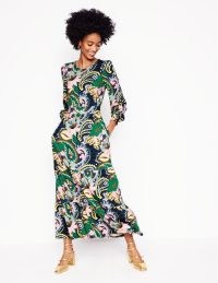 Boden Tabitha Tiered Jersey Dress in Green, Botanical Paisley ~ womens floral print long sleeve fit and flare dresses